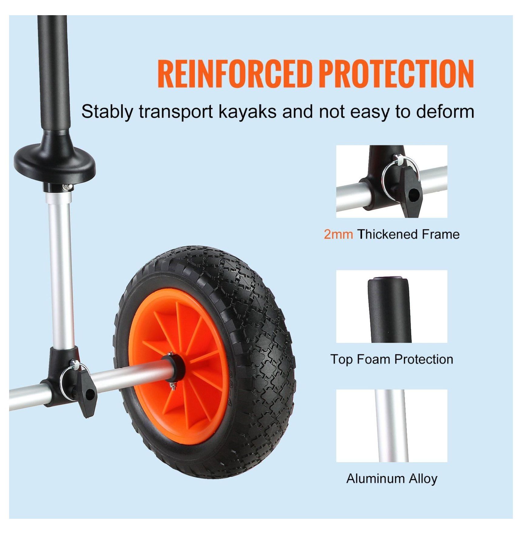 Kayak Cart Heavy Duty 280lbs Capacity - Canoe Trolley with 10'' Tires, Adjustable Width, Foam Padding - for Kayaks with 2.54cm+ Drain Holes