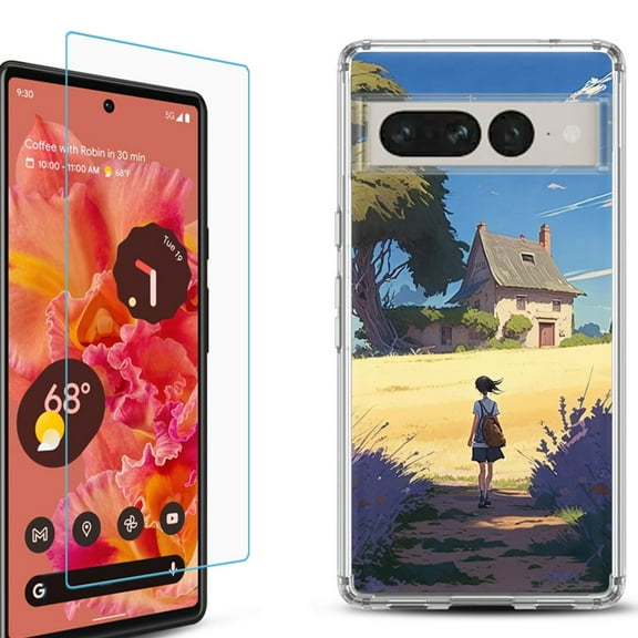 Shockproof Bumper Phone Case for Google Pixel 7, with Tempered Glass Screen Protector, by OneToughShield ® - Lavender Summer