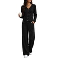thumbnail image 3 of Women's 2 Piece Casual Knit Set V Necklinen Full Buttom Down Top Wide Leg Pants Casual Suits for Fall Black M, 3 of 6