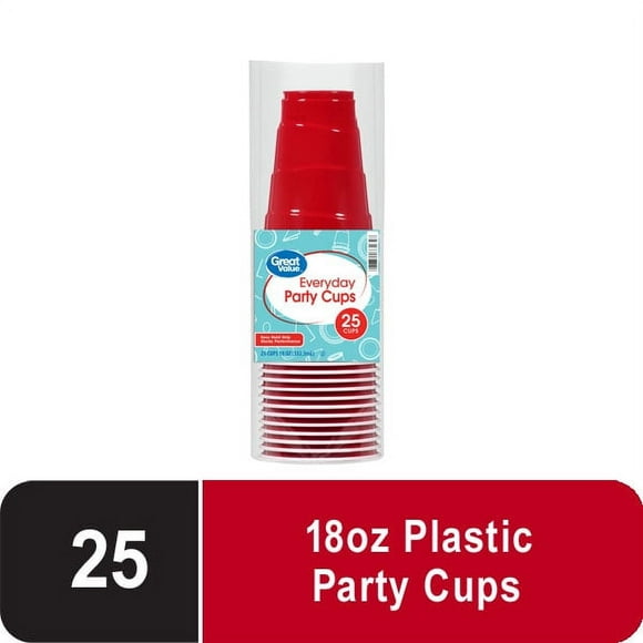 Great Value Everyday Party Disposable Plastic Cups, Red, 18 oz, 25 Count