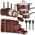 thumbnail image 1 of NutriChef 20-Pc. Nonstick Kitchen PTFE/PFOA/PFOS-Free Heat Resistant Silicone Handles Cookware Bakeware Set w/Saucepan, Frying Pans, Cooking, Oven Pot, Lids, Utensil, Brown-NCCW20SBR, Brown, 1 of 5