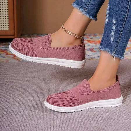 

XWQWJH Women s Knitted Slip Ons Flat Loafers Mesh Breathable Non-Slip Lightweight Walking Shoes Comfortable Orthotic Nurse Working Mom Sneakers