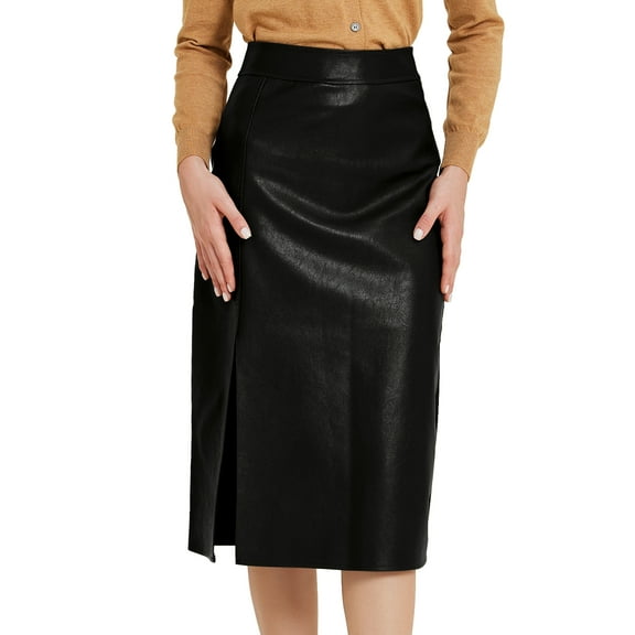 DARING DIVA Women's Faux Leather High Waist Side Slit Bodycon Pencil Midi Skirts L Black