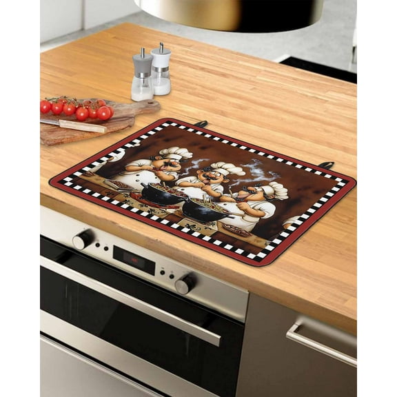 nqOlkjepod Large Induction Cooktop Protector Mat 28.5"x20.5", Fat Chef Stove Top Covers for Electric Stove, Cartoon Vintage Black Check Plaid Stove Burner Cover Mats, Glass Top Stove Cover