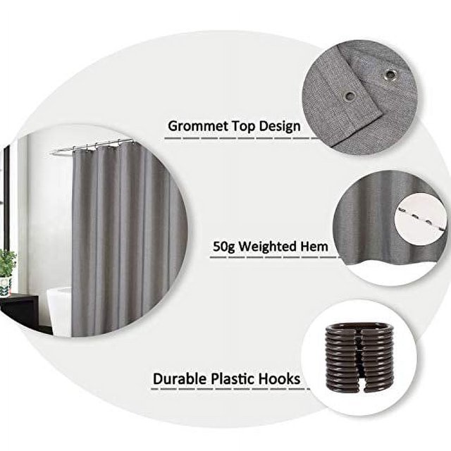Cortina de ducha de 101 cm, tela de lino de 240 g/m², resistente, con ganchos, lavable, para baño, color gris topo, 101 x 183 cm