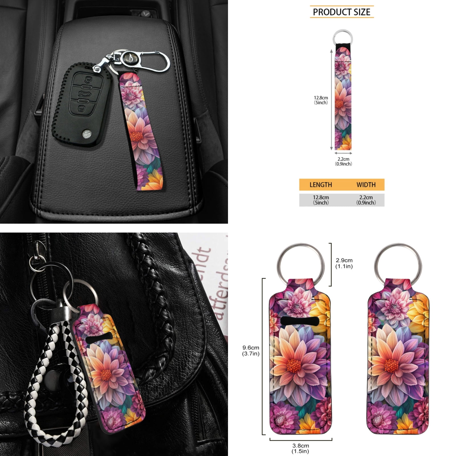Yuyamidu Dalia Car Seat Cover Set for Women Colorful Flower Steering Wheel Cover Seat Belt Pads Handbrake Cover Set Car Window Shade Rearview Mirror Cover Cup Holder Wrist Key Chain 16 PCS