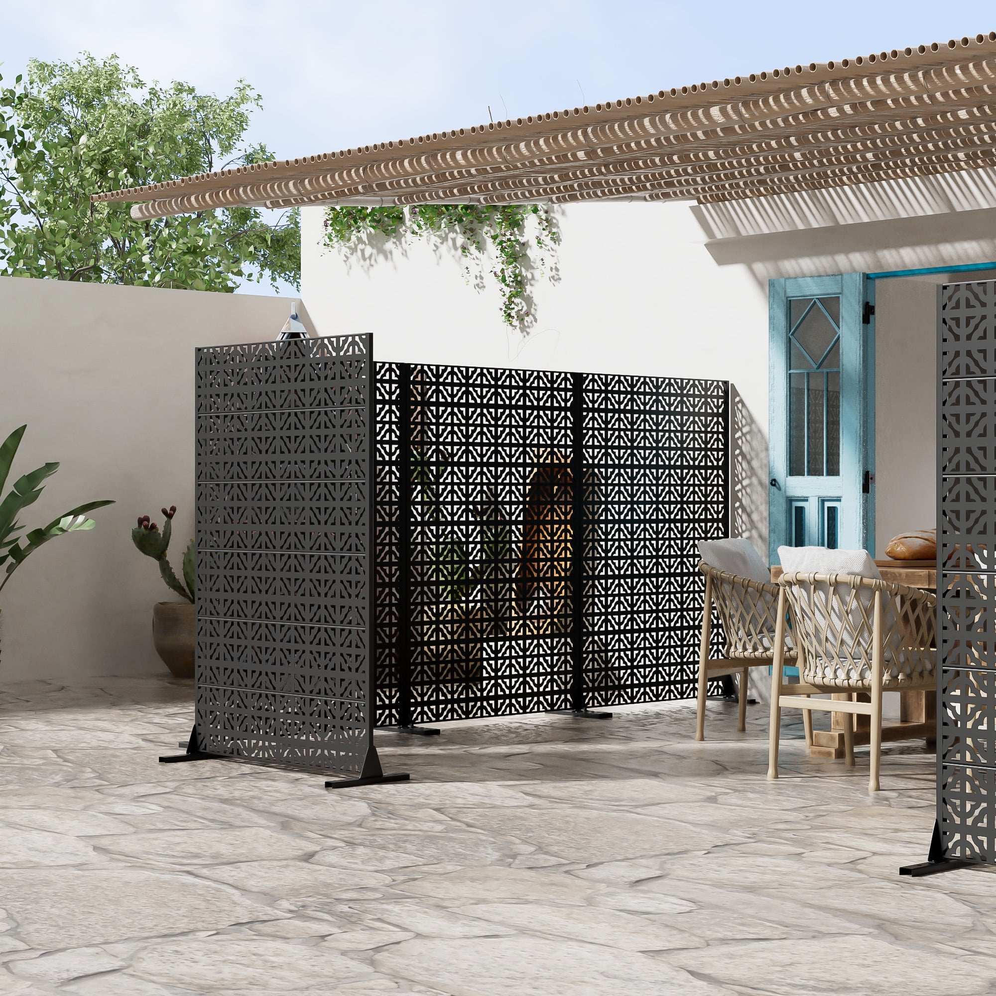 MAYEERTY 72 × 47in Outdoor Privacy Screen with Stand Metal Balcony Decorative Screen, Black