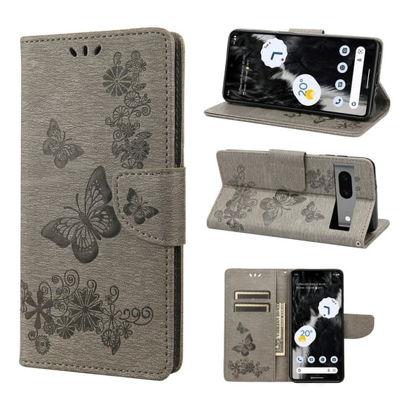 Feishell Wallet Case for Google Pixel 7,Retro PU Leather Butterfly Embossed Pattern Full Protection Anti-Scratch Shockproof Magnetic Clasp Flip Holder Card Slots & Cash Pocket Phone Cover,Gray