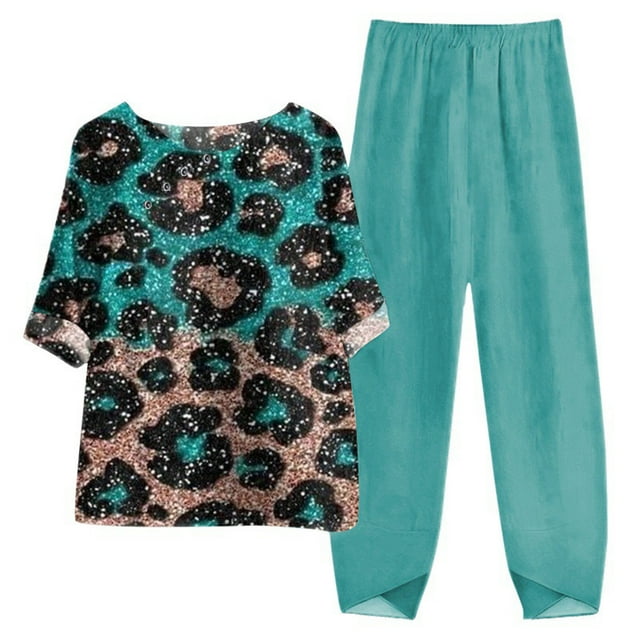 TopLLC Women's Floral 2 Piece Outfit Short Sleeve Pullover with Drawstring Long Pants Tracksuit Jogger Set