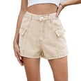 thumbnail image 2 of Dressy Shorts for Women Trendy Cargo Denim Shorts Womens Elastic Waisted Short Jeans with Multiple Pockets for Everyday Casual Streetwear Khaki L, 2 of 7