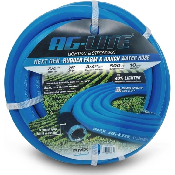 AG-lite Garden Hose 3/4" x 25' Hot/ Cold Rubber Water Hose, Heavy Duty, Lightweight, 10-Year Warranty, GHT Brass Fitting