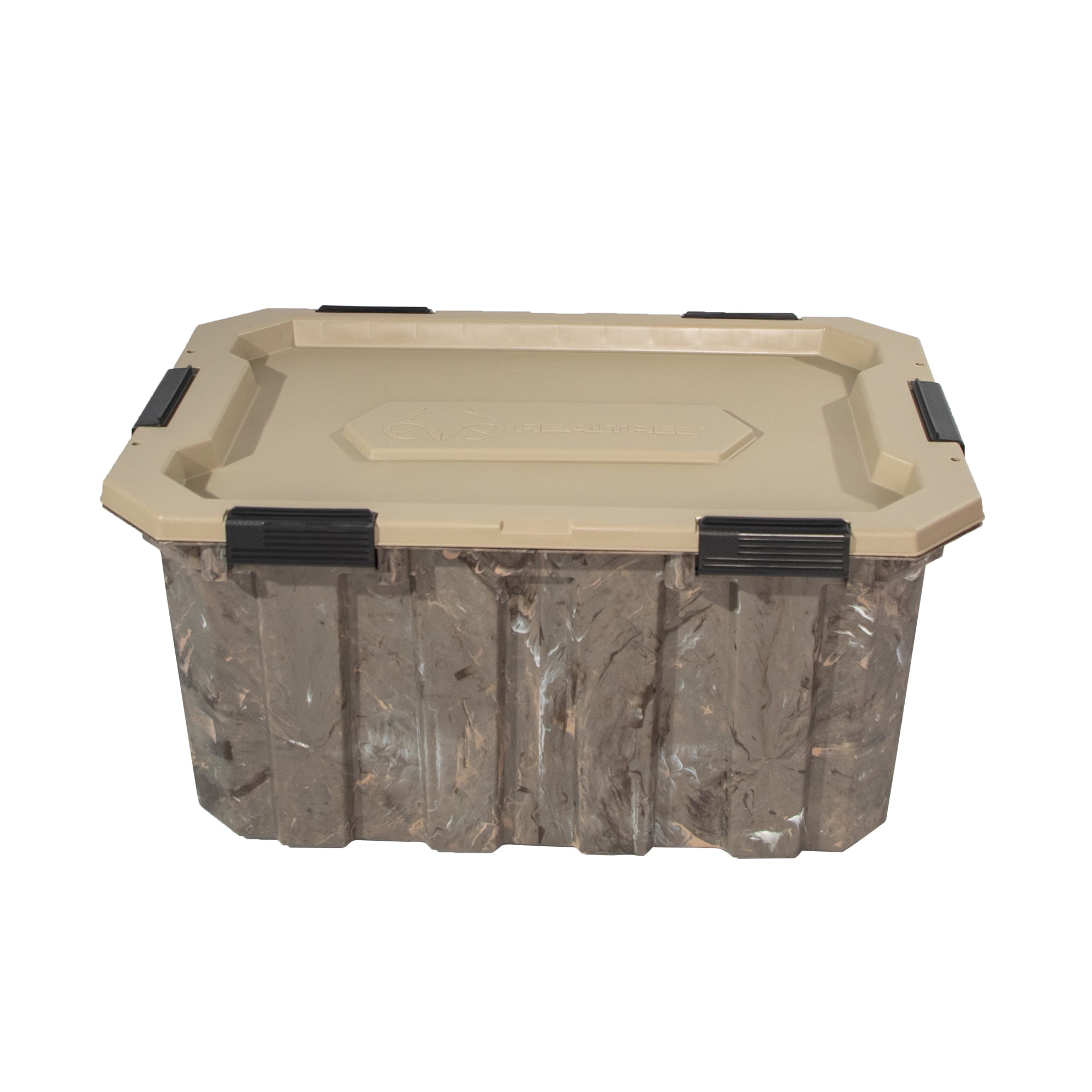 Realtree WEATHERMAX 24 Gallon Marbled and Tan Storage Tote with Latching Lid, Plastic Storage Bin, Pack of 2