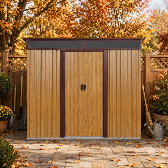 taoruifang 8ft x 6ft Sloped Roof Outdoor Metal Storage Shed, Coffee Heavy Duty Weatherproof Tool Shed with Transparent Window & Lockable Door for Garden Backyard