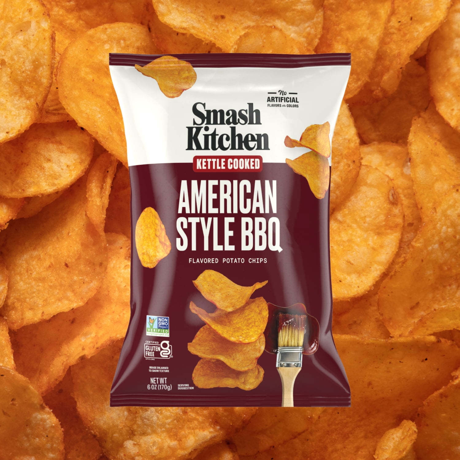 (6 pack) Smash Kitchen American Style BBQ Non-GMO Kettle Chips, 6 oz