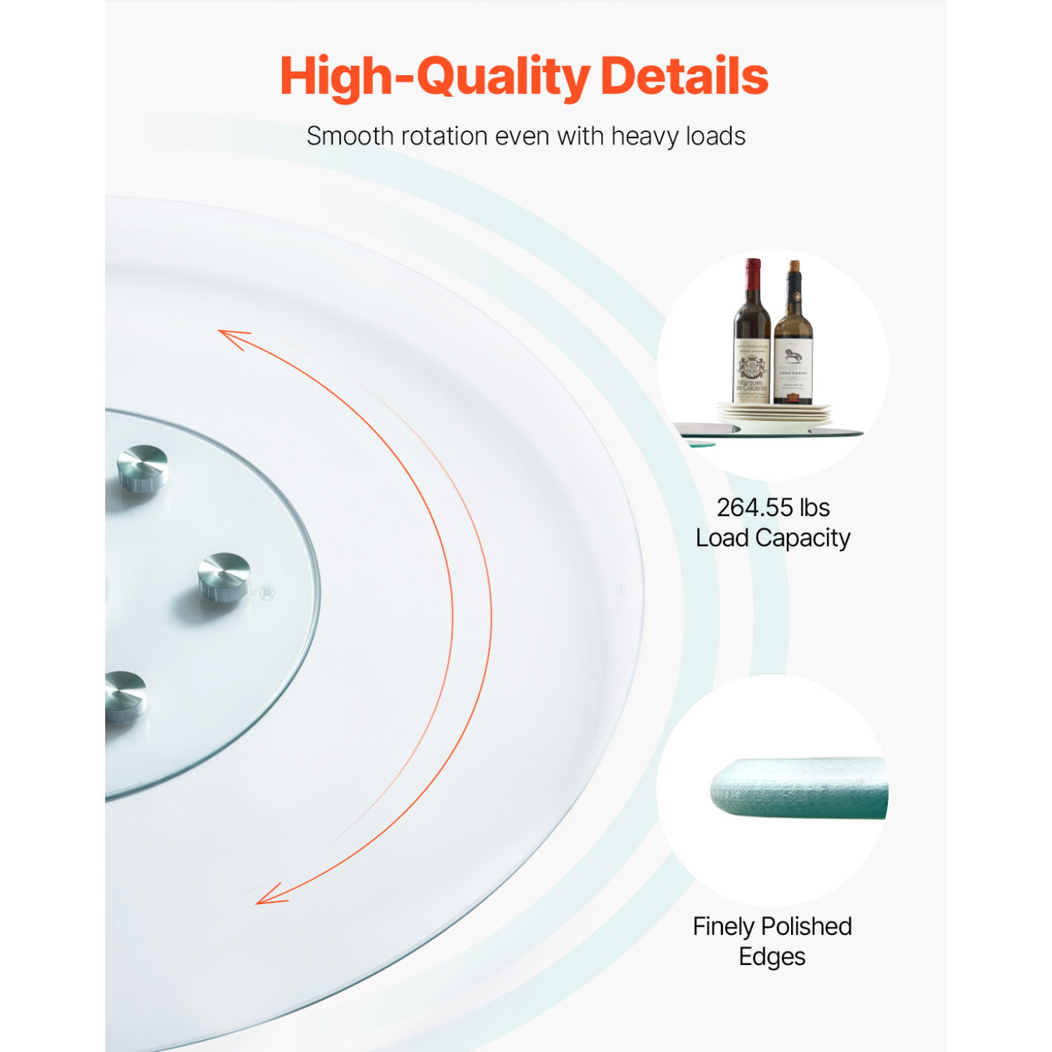 KFFKFF 40-inch Glass Revolving Serving Tray, Reinforced Glass Dinner Table Focal Point with 6 Spinning Casters, 360° Effortless and Quiet Swivel Tabletop Rotating Platter, Ideal for Family Reunions
