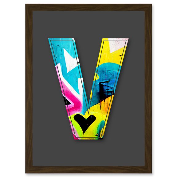 Letter V Tagging Heart Decorative Graffiti Mural Alphabet Initial Stencil Artwork Framed Wall Art Print A4