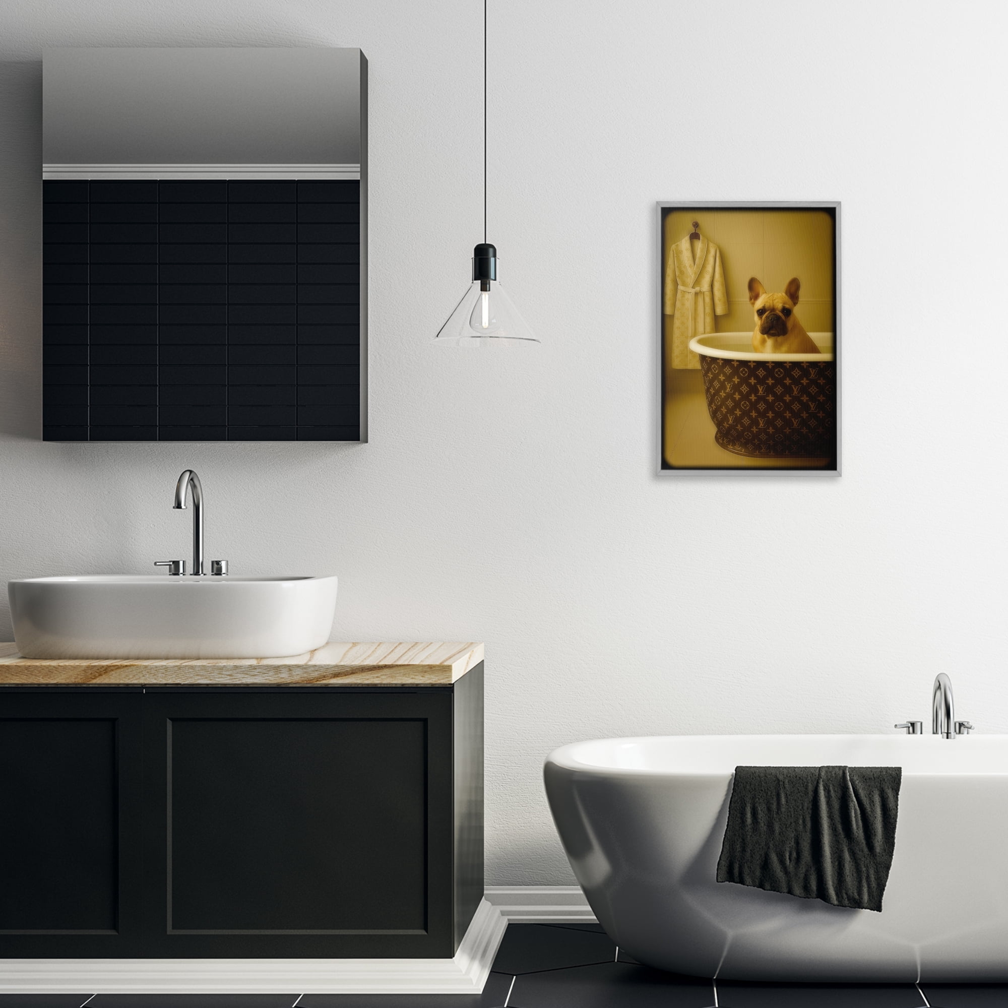 Stupell Industries Couture French Bulldog in Luxury Tub Gray Framed Giclee Art, design by Grotto Studios
