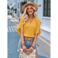thumbnail image 2 of Womens Blouses Chiffon Hollow Out Short Sleeve V Neck Business Casual Tops Summer Cute Shirt Yellow S, 2 of 8