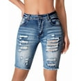 thumbnail image 3 of roswear Women's Mid Rise Stretchy Denim Bermuda Shorts Frayed Hem Curvy Distressed Jean Shorts, 3 of 4