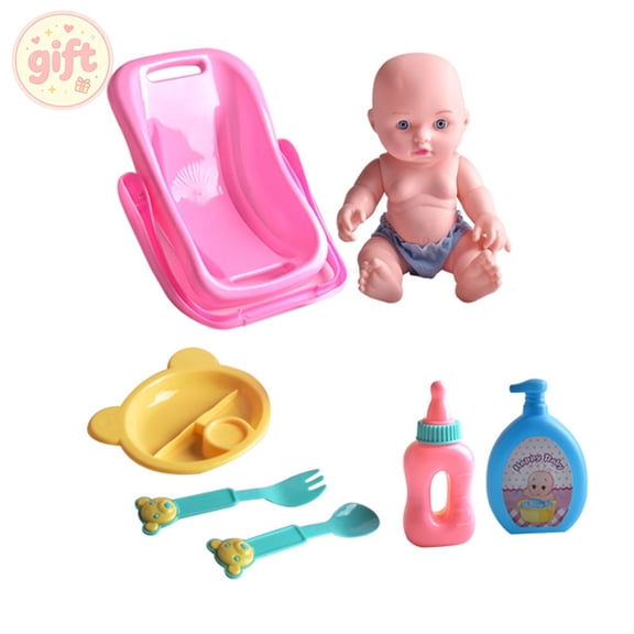 Mini Vinyl Realistic Baby Doll, Reborn Baby Dolls Style Playset with Cradle Carry Basket Bath Tub Tableware, Toddler Toys, Kids Pretend Play Toys, 1 year old girl & boy gifts