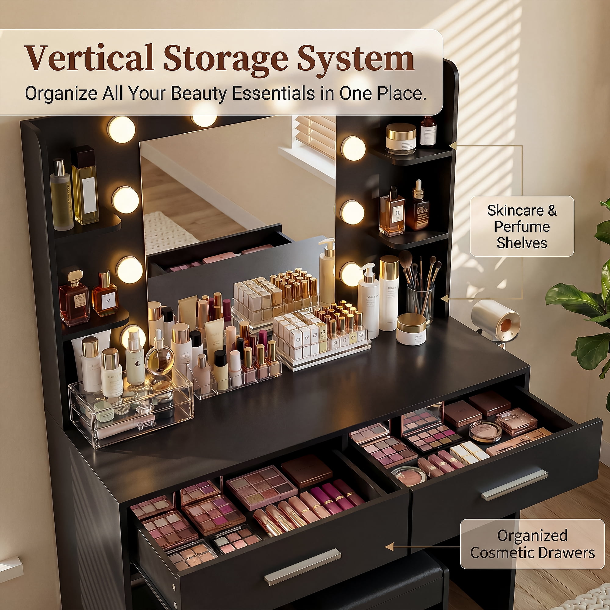 Homall Makeup Vanity Set with Mirror & Stool, Vanity Desk with LED Lights & Fast-Charging Outlet, Vanity Table for Bedroom Dressing Room, Black