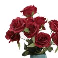 thumbnail image 3 of Yuarrent Flor de rosa artificial 10 cabezas flor falsa floral ramo de boda decoración del hogar Decoración rojo oscuro, 3 of 6