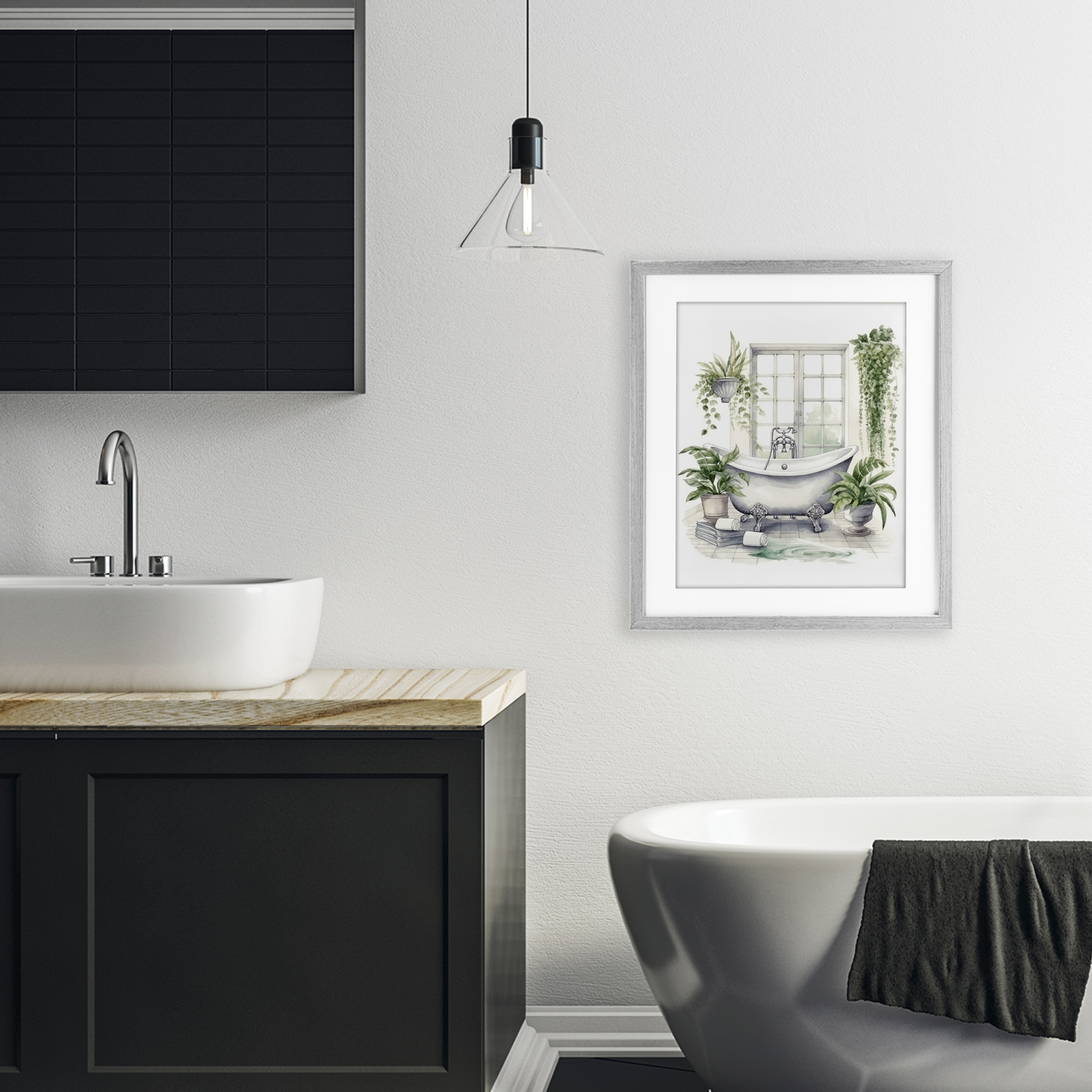 Lush Greenery Bathtub & Window Gray Framed Print Under Glass, design by Lettered and Lined