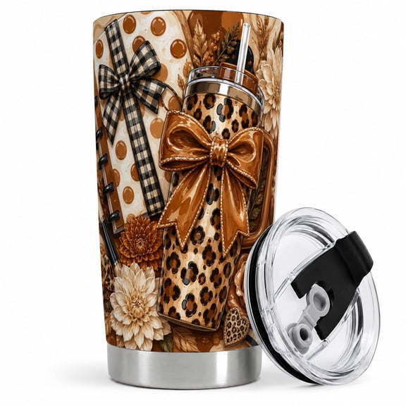 Brown Floral Leopard Bow Tumbler, 20oz Insulated Drinkware for Women Insulated stainless steel tumbler with lid, leopard bow, flowers, and travel cup art for office