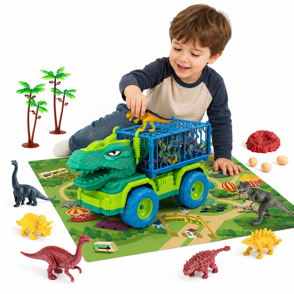 Lucky Doug Dinosaur Truck Toys for Boys Age 3-6, Tyrannsaurus Truck Toy with Dino Figures, Large Activity Play Mat, Dinosaur Eggs, Dinosaur Transporter Play Set for Kid Boys Age 3-6-8