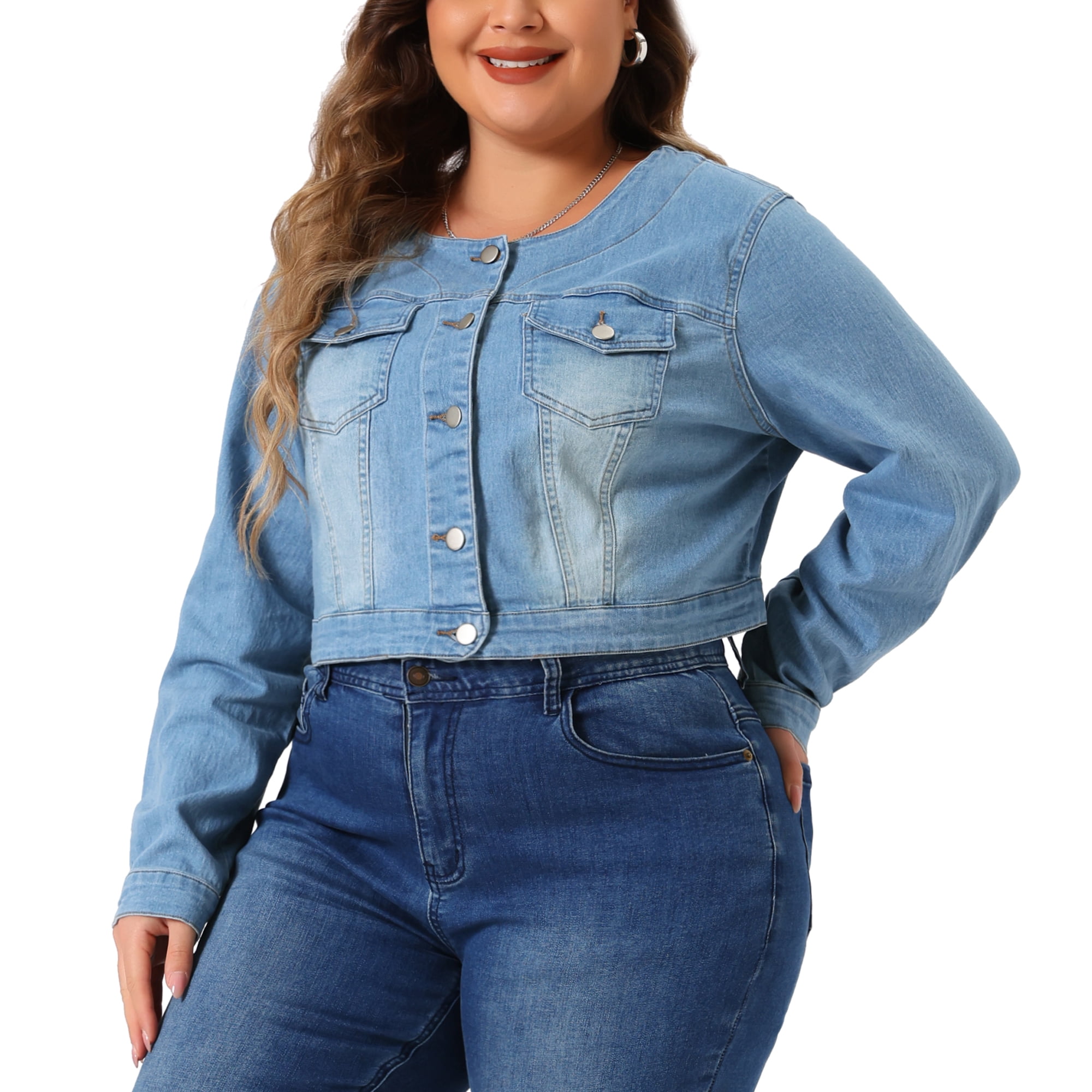 DARING DIVA Women's Plus Size Collarless Button Down Crop Denim Jackets 4X Light Blue