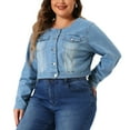 thumbnail image 2 of DARING DIVA Women's Plus Size Collarless Button Down Crop Denim Jackets 1X Light Blue, 2 of 6