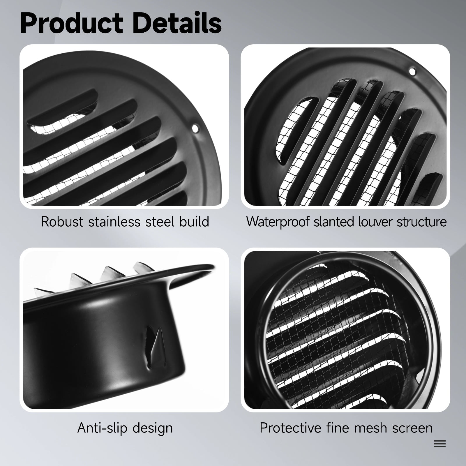 4 Pcs 4 Inch Black Soffit Vent, Stainless Steel Louver Exhaust Vent with Screen Mesh, Weatherproof Air Vent Cover for Bathroom, Kitchen, Office Ventilation