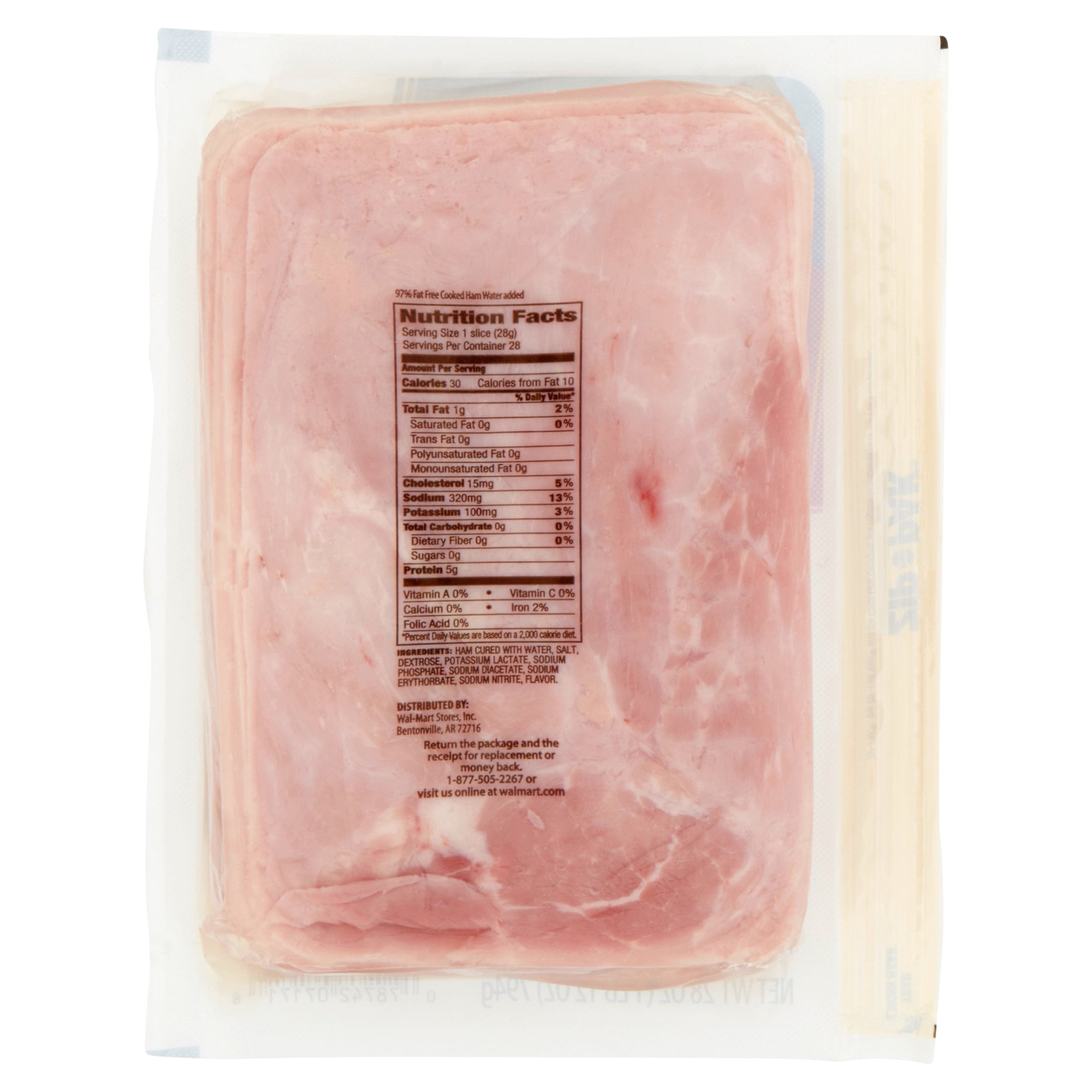 Great Value 97% Fat Free Cooked Ham, 28 oz Bag, Deli Sliced