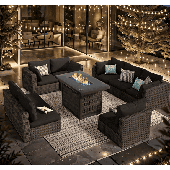 Grezone 9 Pieces Outdoor Patio Furniture with 43" 55000BTU Gas Propane Fire Pit Table PE Wicker Rattan Sectional Sofa Patio Conversation Sets