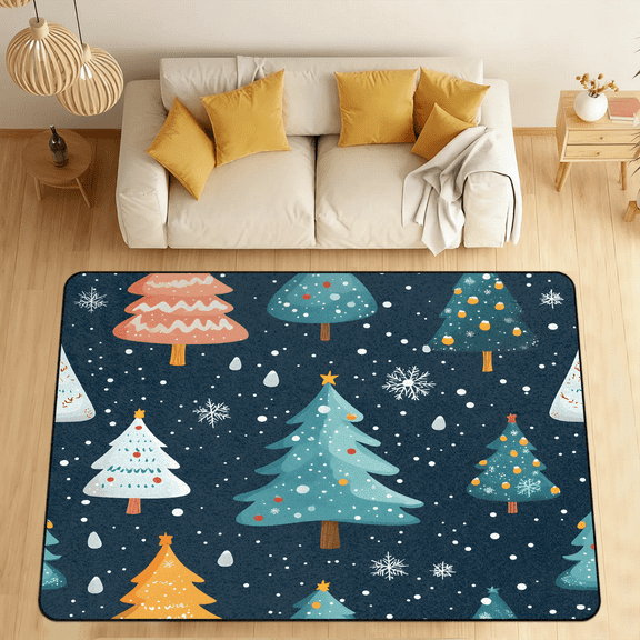 CURLYOOT Winter Xmas Area Rugs for Living Room Bedroom, 4' 10" x 6' 8" Washable Rug, Christmas Tree Floor Carpet with Non Slip Backing for Dining Room Indoor