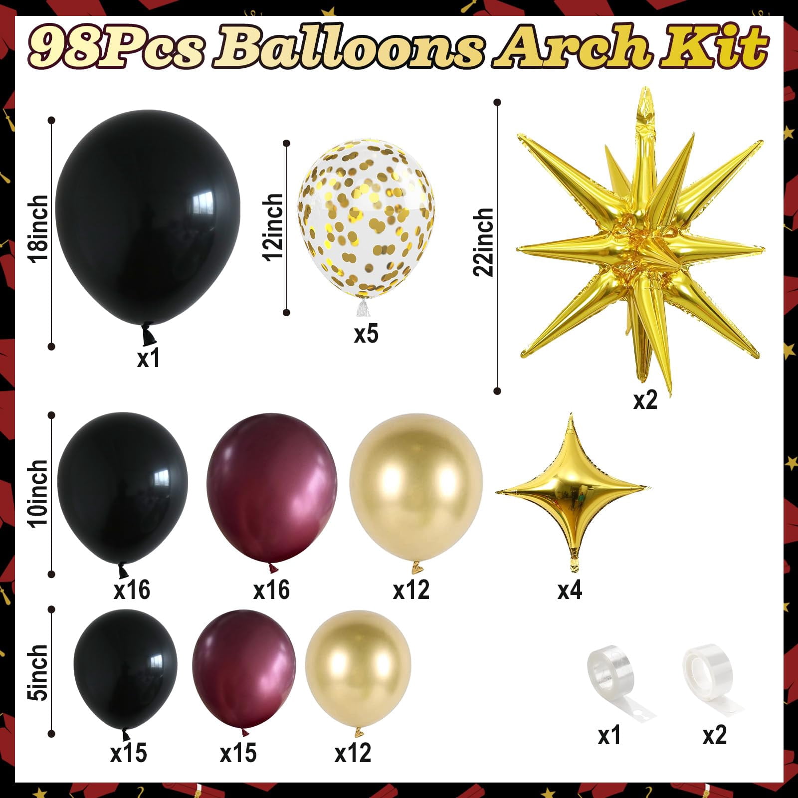 Balloons Arch Kit Black Burgundy Gold 98pcs for Birthdays Graduation Celebrations