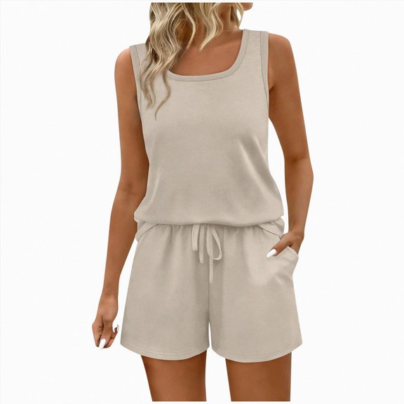 Women’s Tank Tops Wide Leg Elastic Waist Short Pockets Two Piece Summer Outdoor