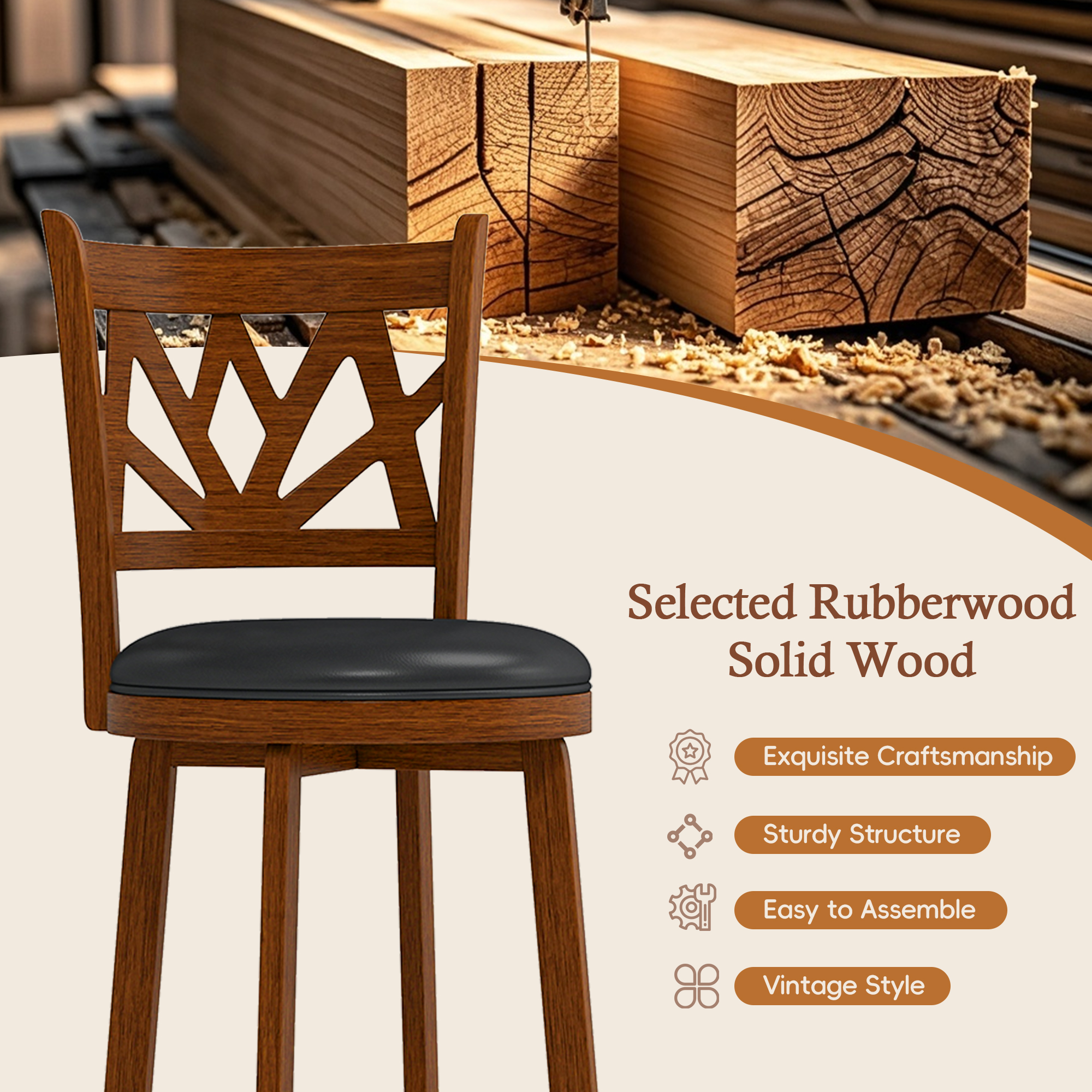 Joywind Farmhouse Swivel Bar Stools Set of 2, 24" Carved Lotus Barstools, Faux Leather Upholstered Counter Chairs with Solid Footrest & Wood Legs, Rustic Brown
