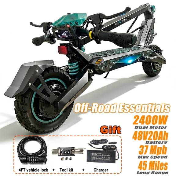 Off Road Electric Scooter,Peak 2400W Dual Motor 45Mile Long Range 37Mph 3Speed,Dual Suspension,10" All-Terrain Tire Ride Heavy Duty Foldable Scooter