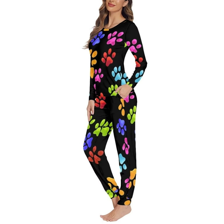 Renewold Trendy Pajamas for Women Long Sleeve Scoop Neck Comfortable Nightwear Winter Night Rainbow Color Paws Print Sleepwear Casual Sport Jogger