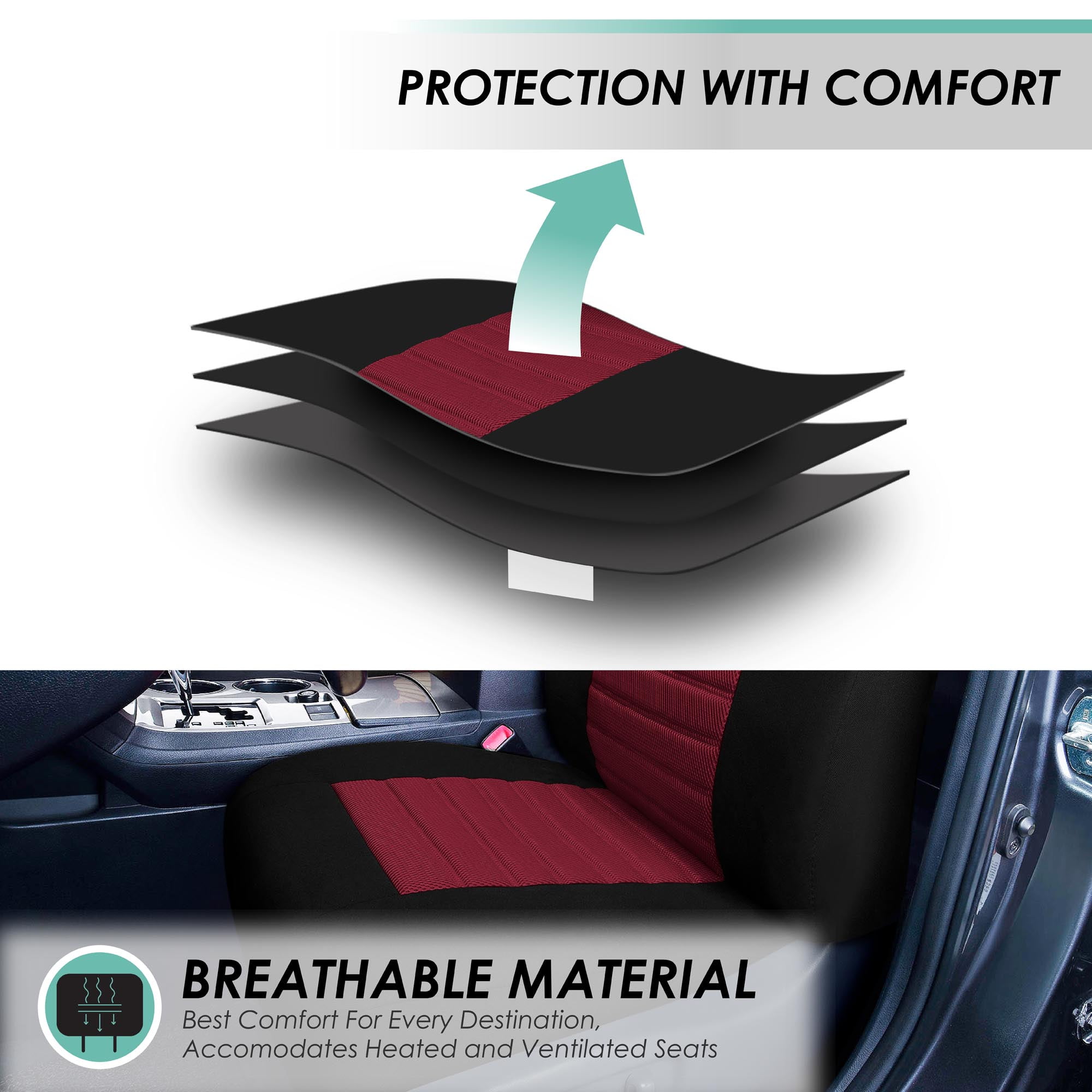 FH Group Car Seat Covers Premium 3D Air Mesh w/ Removable Headrest, Universal Fit Airbag Compatible for SUV, Sedan, Van Burgundy - Front Set