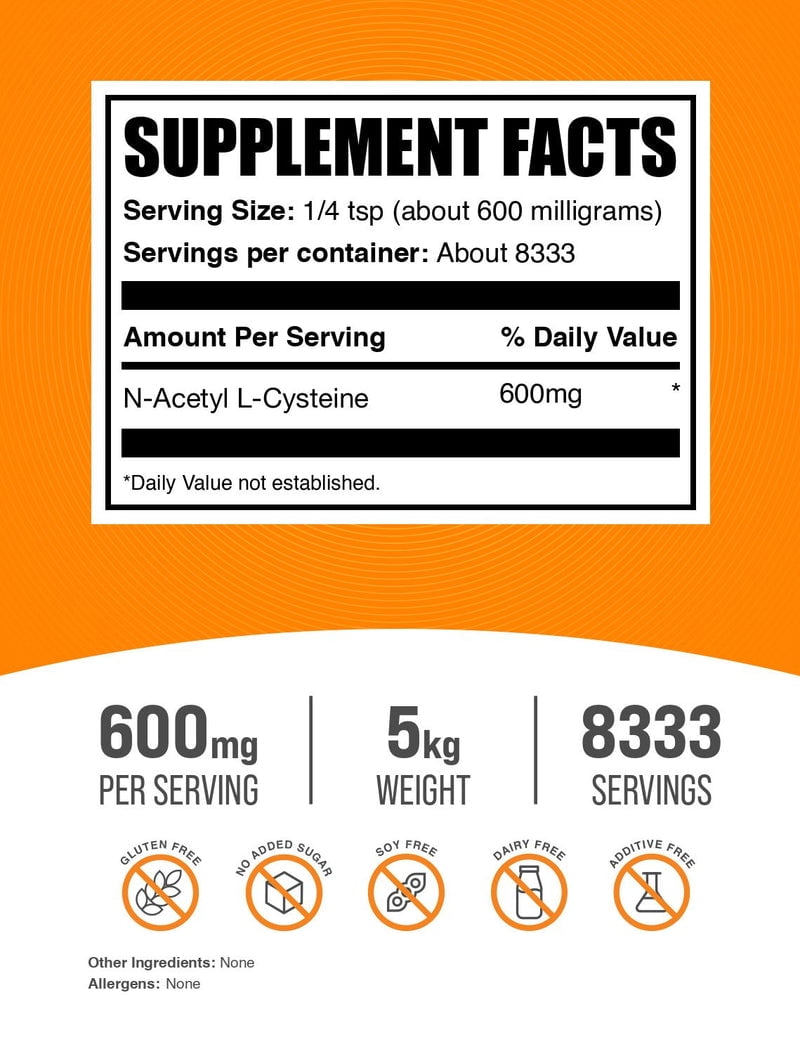 BulkSupplements N-Acetyl L-Cysteine (NAC) Powder, 600mg Per Serving - 5 Kilograms (11 lbs) - 8333 Servings