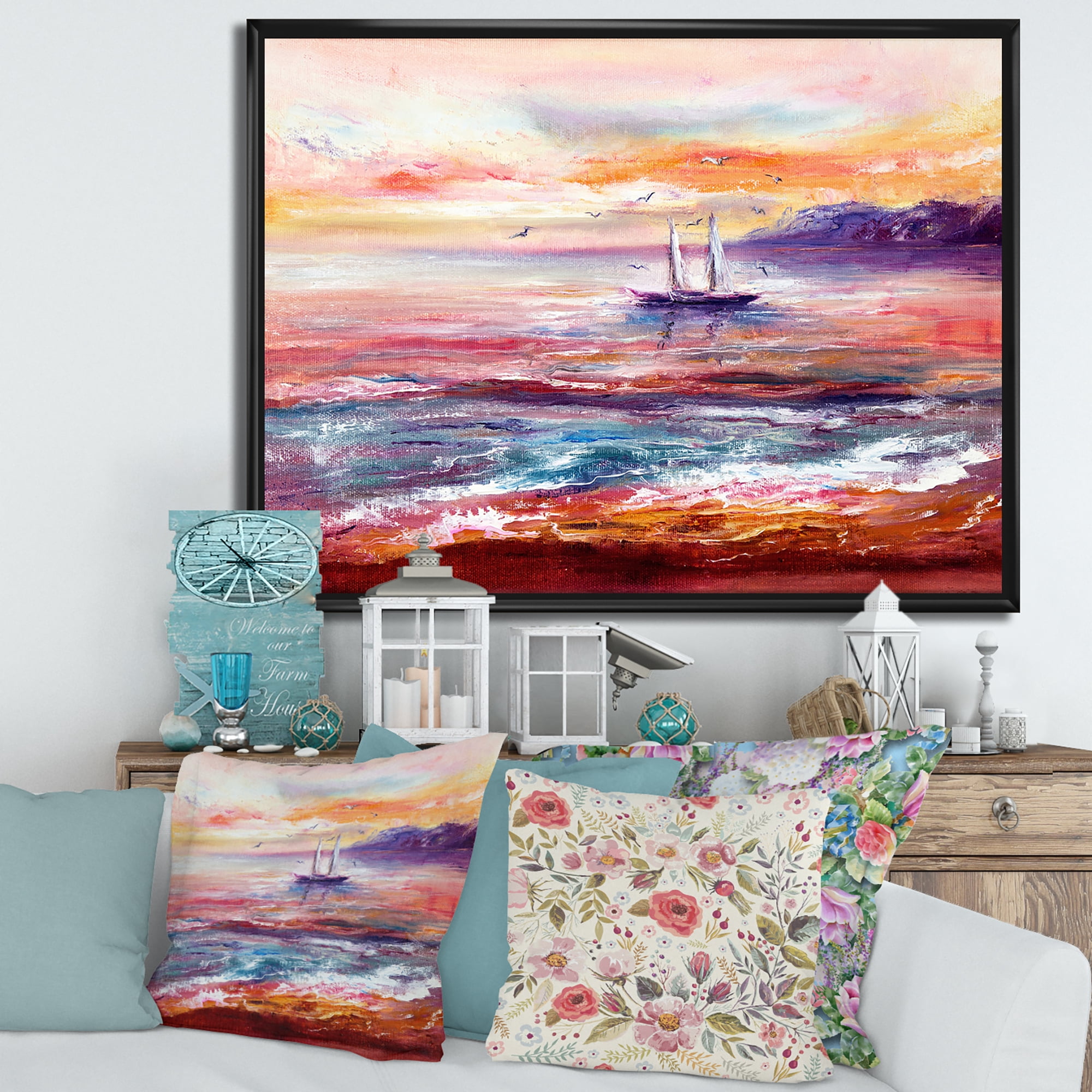 Designart 'Boat On The Ocean During VIbrant Sunset Glow' Nautical & Coastal Framed Canvas Wall Art Print