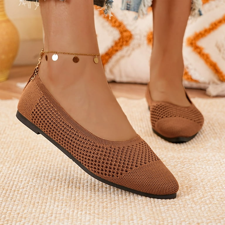 Xfvqtps Womens Flat Shoes Classic Pointed Toe Flats Knitted Dress Shoes  Mesh Hollow out Comfortable Breathable Summer Sandals Brown - Walmart.com