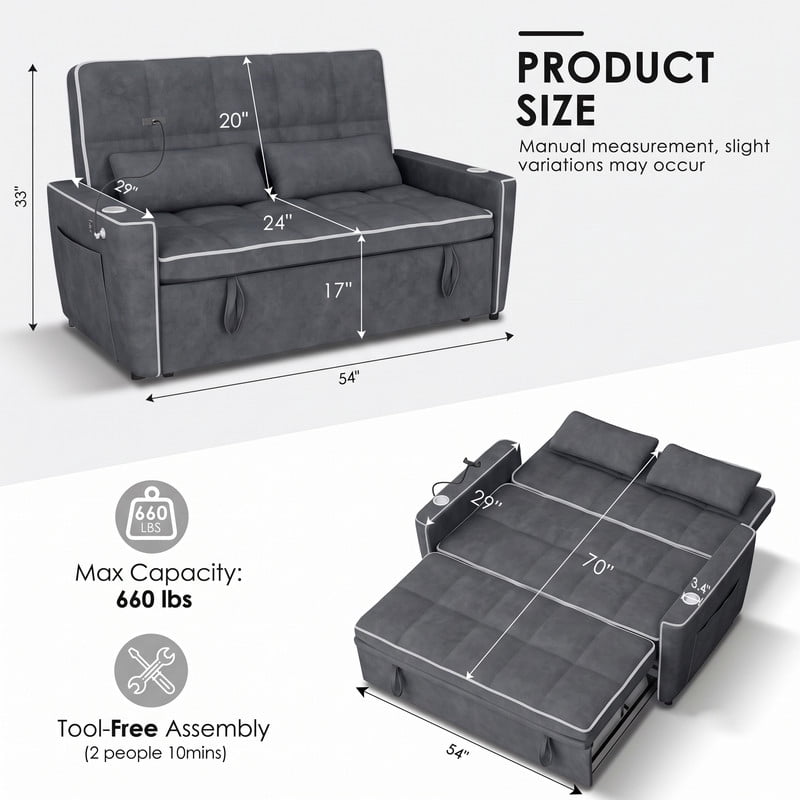 Anpport 54" 3‑in‑1 Convertible Sleeper Sofa Bed, Loveseat with White Trim, USB Charging Port, Phone Stand, 2 Cup Holders and 2 Pillows for Living Room, Bedroom and Apartment, Dark Gray