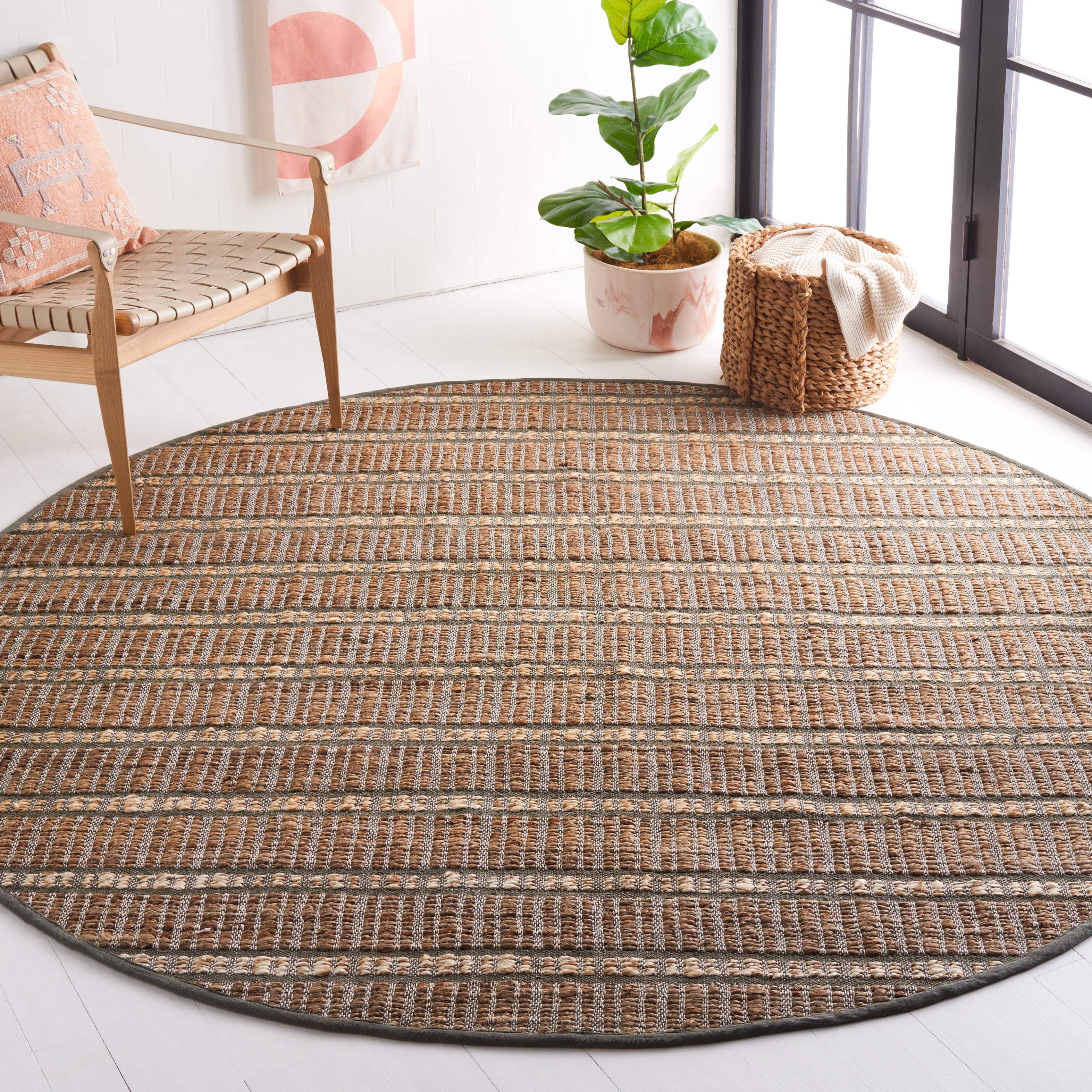 SAFAVIEH Natural Fiber Kostadin Striped Area Rug, Olive/Natural, 7' x 7' Round
