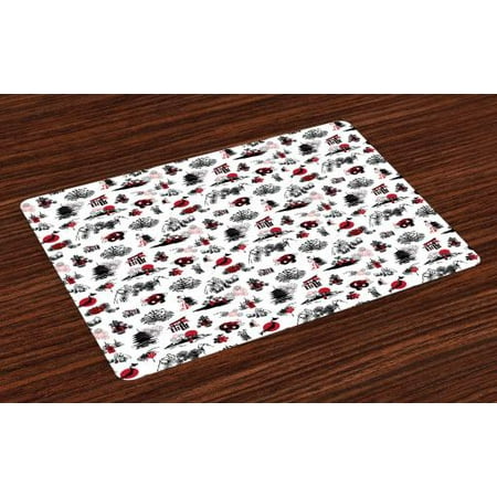 Tj Maxx Placemats Asian Placemats Set of 4 Japanese Architecture Towers Palaces Houses Sketchy Silhouettes Dragon, Washable Fabric Place Mats for Dining Room Kitchen Table Decor,Dark Coral Black White, by Ambesonne ()