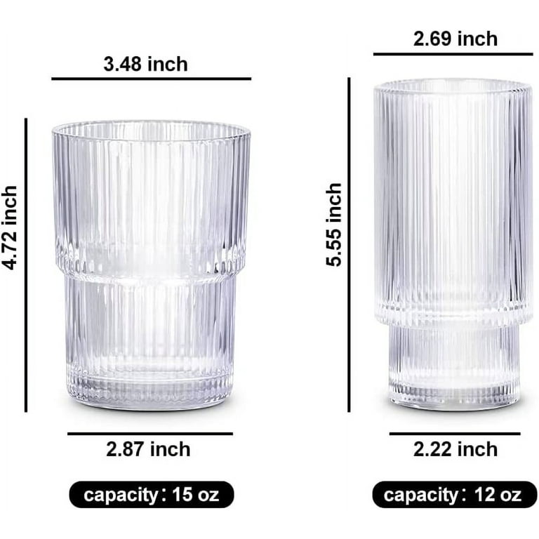 Glass Cups Set of 4, Combler Ribbed Glassware 15 oz, Ribbed