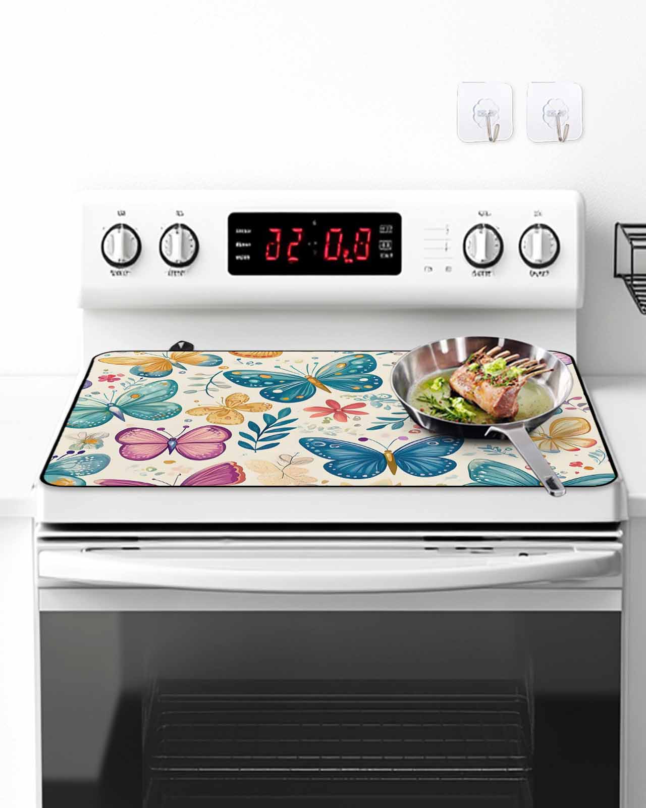 Stove Top Covers for Electric Stove, Spring Butterflies Glass Stovetop Cover Protector, Summer Countryside Leaf Flowers Induction Cooktop Protector Oven Mat for Kitchen Countertop 31"x24"