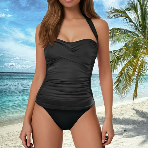 ZHOGXU Women's Tankini Swimsuit Halter Neck Solid Color Top And Bottoms Comfortable Stylish Bikini Sets Swimwear For Beach Pool,Black,L